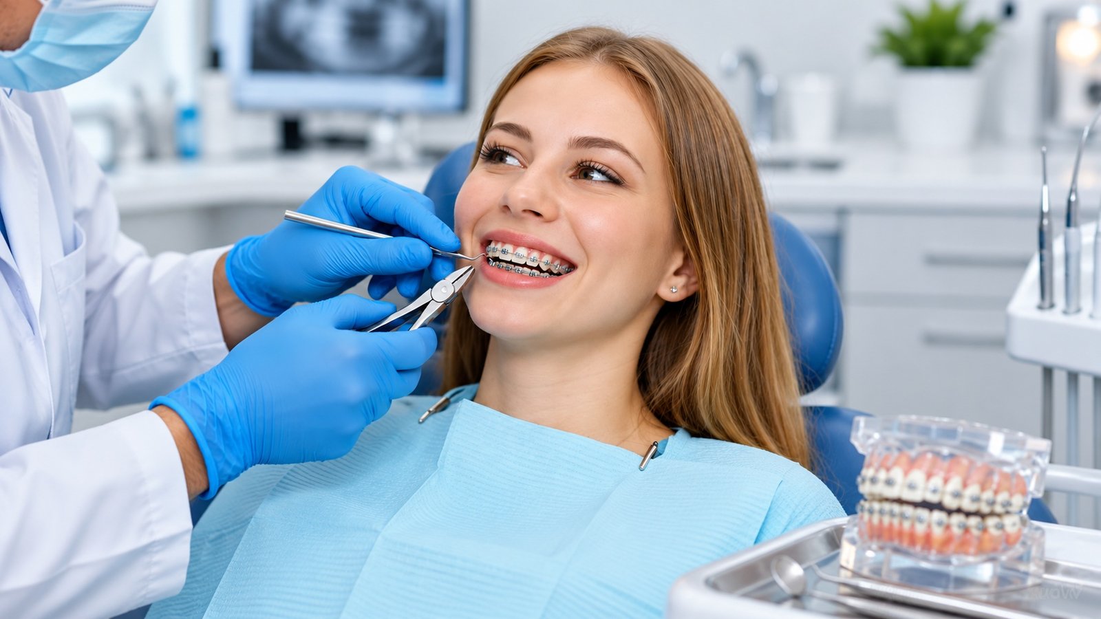 Paciente sonriendo en el sillón durante una revisión dental