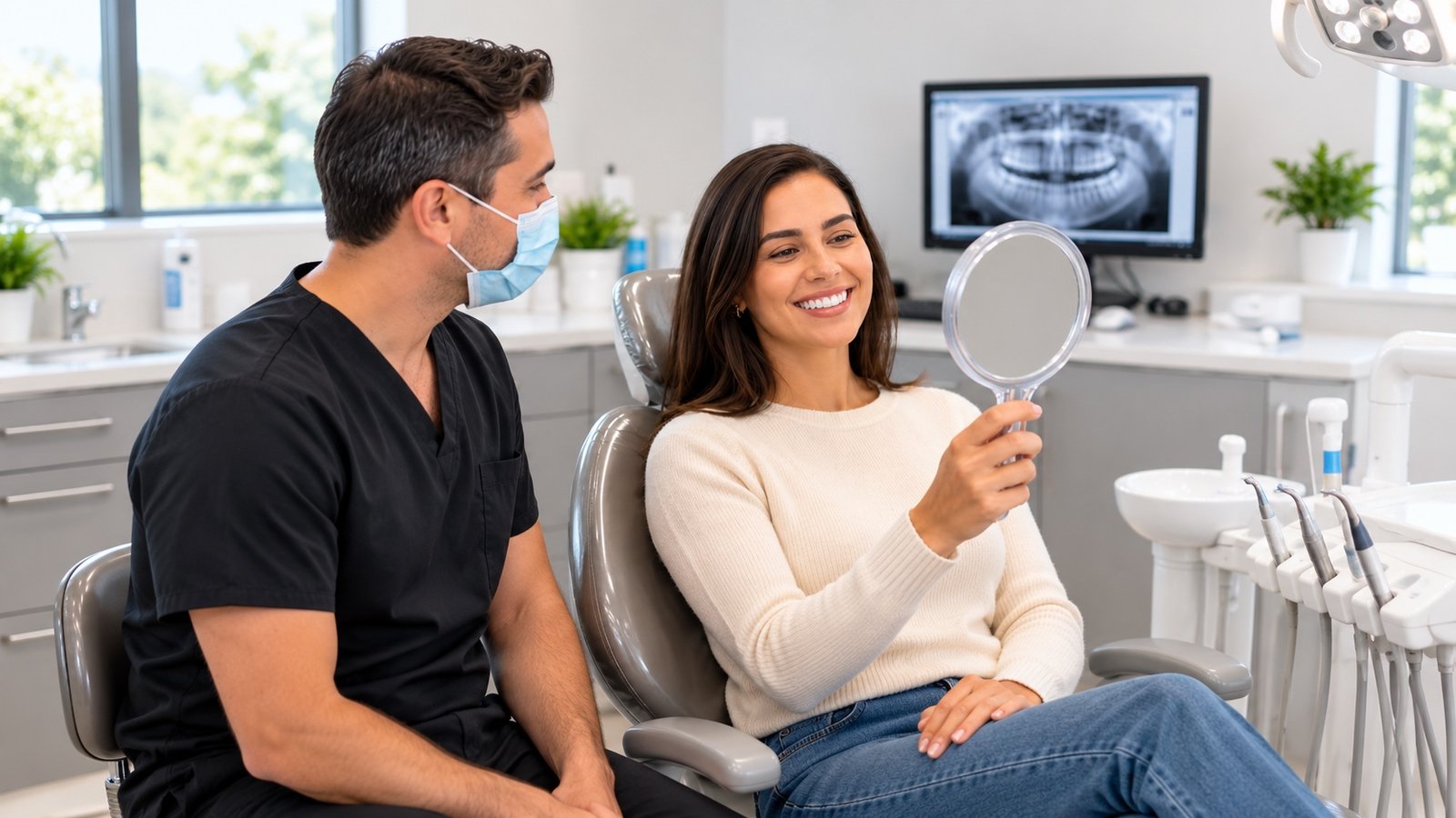 Paciente mirándose la sonrisa en un espejo junto a su dentista