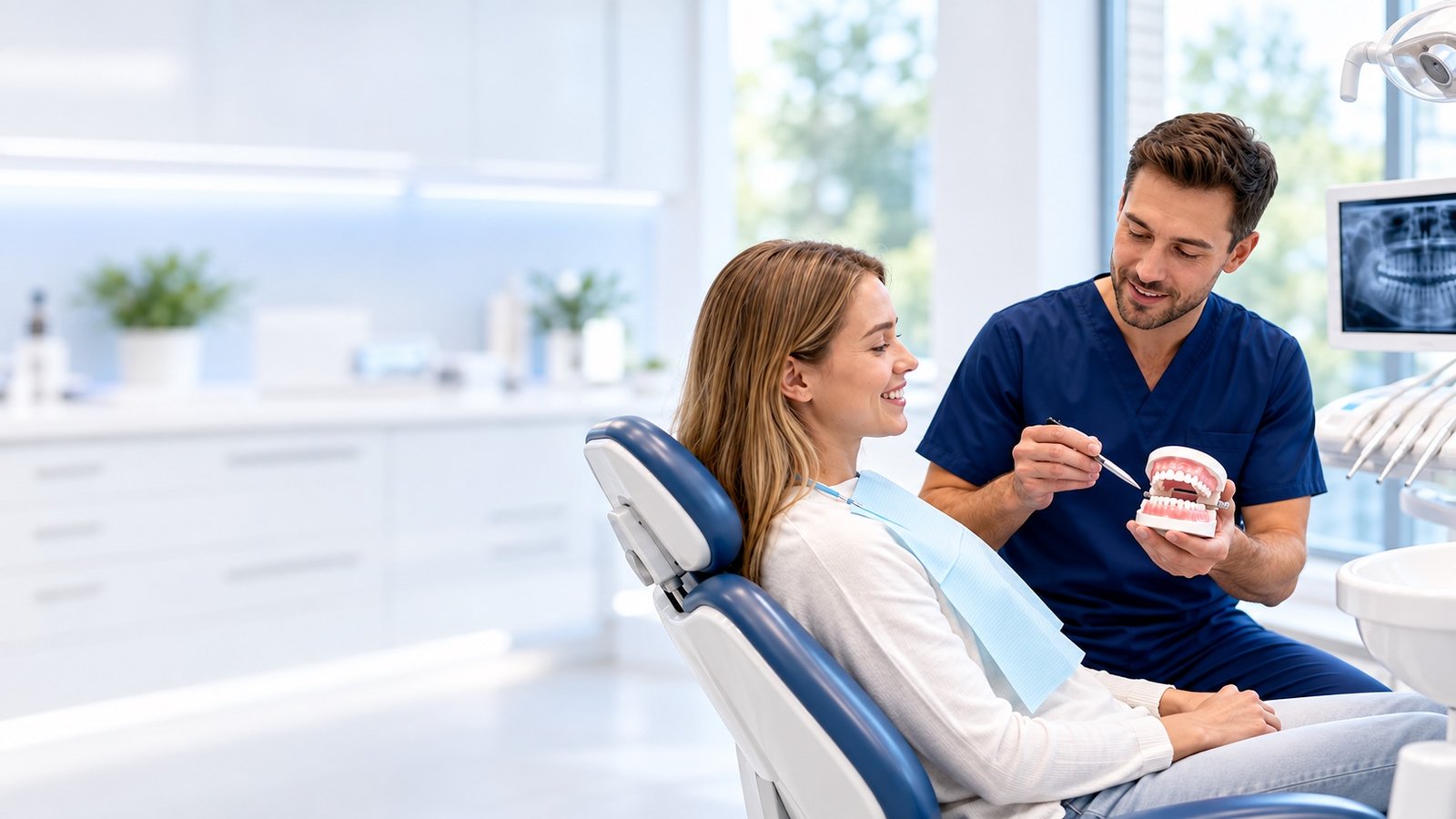 Dentista explicando un tratamiento a una paciente con un modelo dental