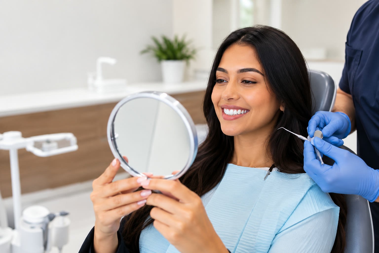 Mujer sonriendo en una consulta dental